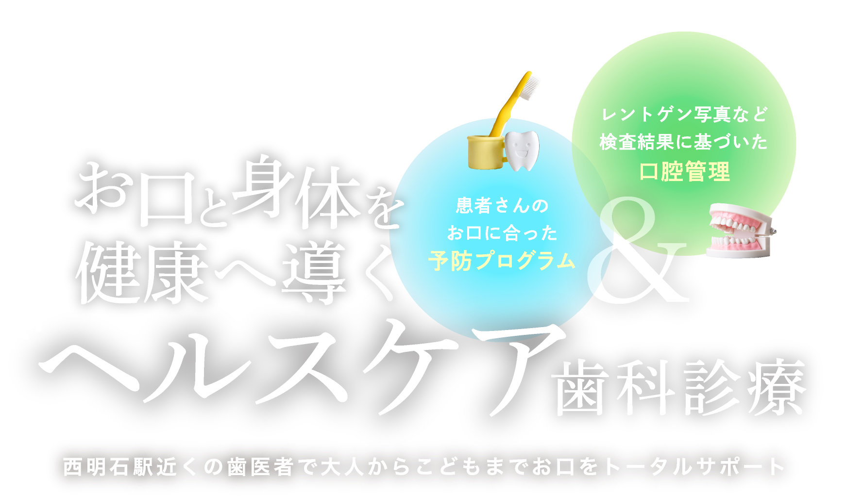 お口と身体を健康へ導くヘルスケア歯科診療　患者さんのお口に合った予防プログラム&レントゲン写真など検査結果に基づいた口腔管理　西明石駅近くの歯医者で大人から子どもまでお口をトータルサポート
