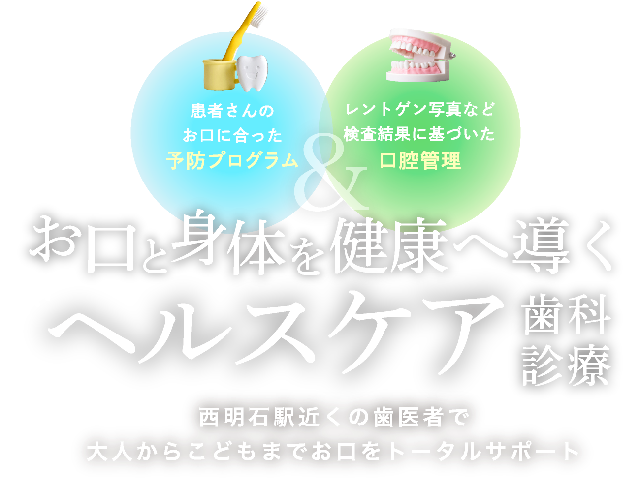 お口と身体を健康へ導くヘルスケア歯科診療　患者さんのお口に合った予防プログラム&レントゲン写真など検査結果に基づいた口腔管理　西明石駅近くの歯医者で大人から子どもまでお口をトータルサポート