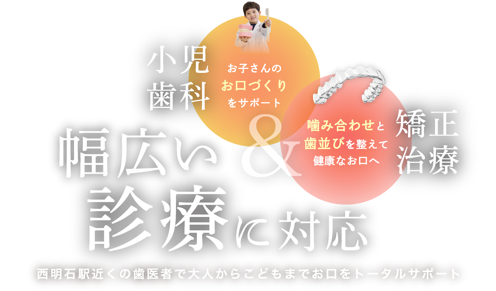 幅広い診療に対応　「小児歯科」お子さんのお口づくりをサポート　「矯正治療」噛み合わせと歯並びを整えて健康なお口へ　西明石駅近くの歯医者で大人から子どもまでお口をトータルサポート