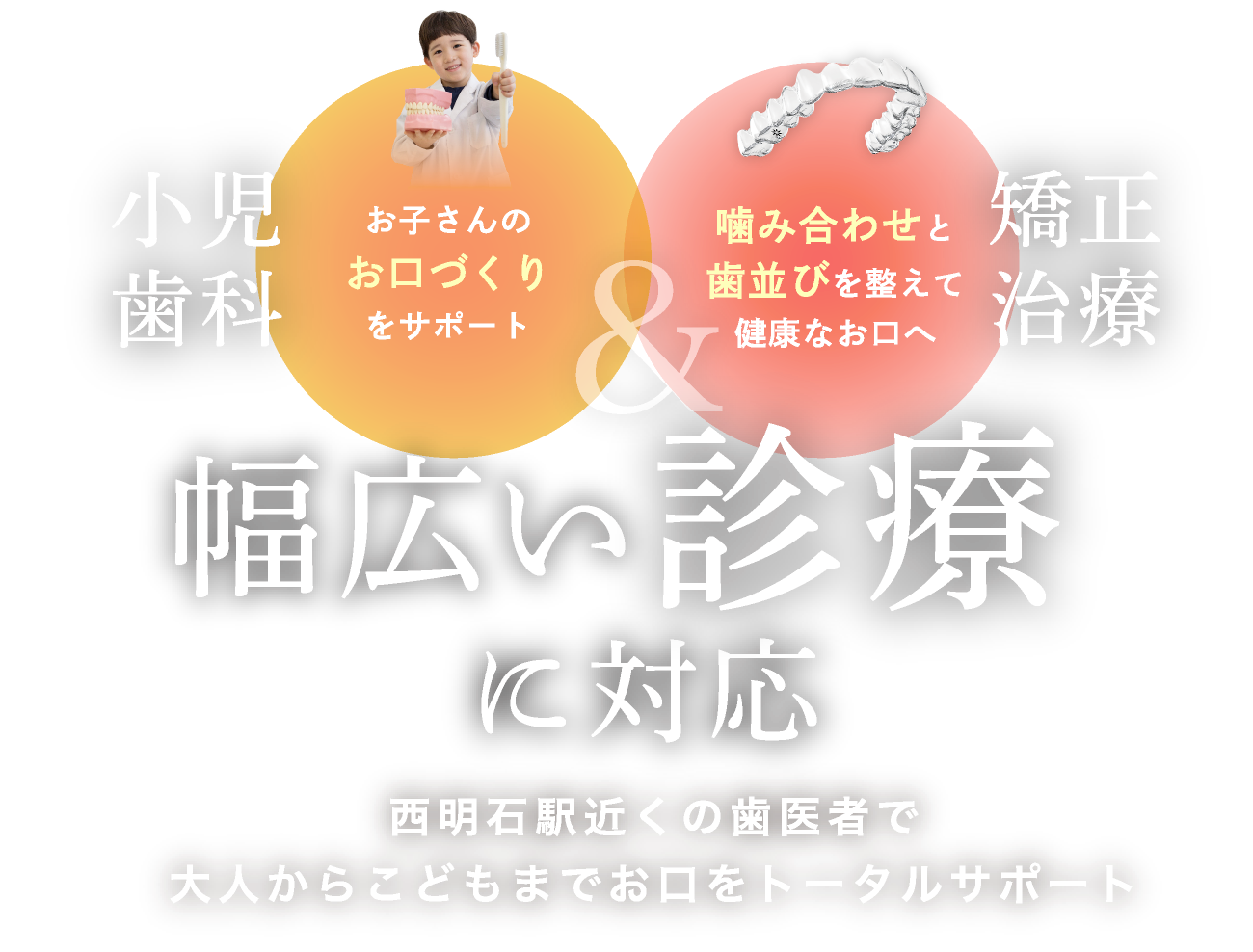 幅広い診療に対応　「小児歯科」お子さんのお口づくりをサポート　「矯正治療」噛み合わせと歯並びを整えて健康なお口へ　西明石駅近くの歯医者で大人から子どもまでお口をトータルサポート